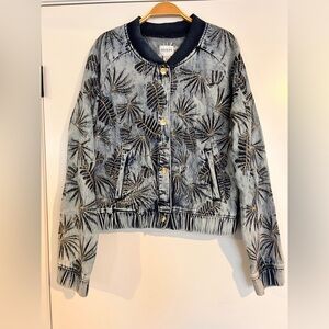 Guess Women's Blue Gold Embroidered Burnished Bomber Jacket Size XL